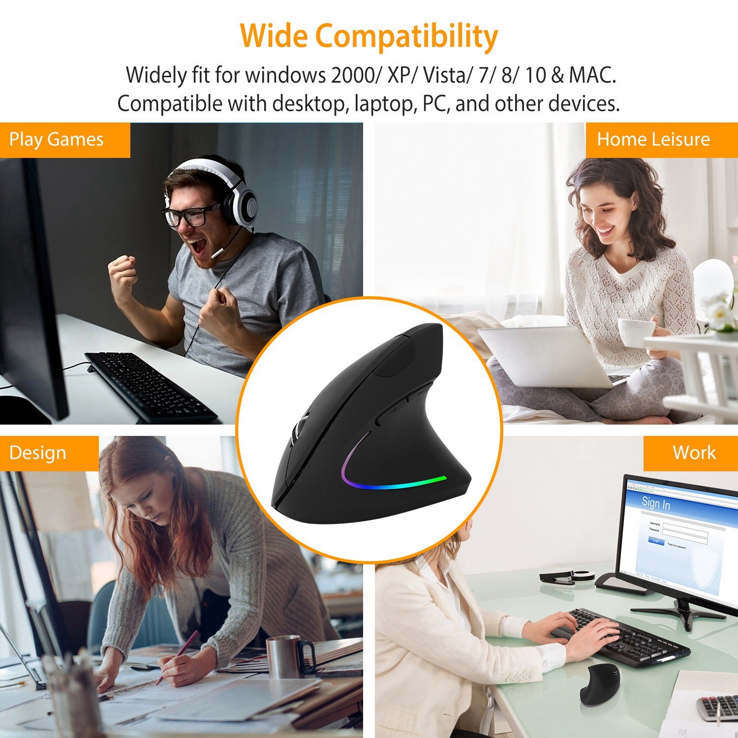 2.4G Wireless Vertical Mouse Ergonomic Optical Mice With 6 Buttons 3 Adjustable DPI 800 1200 1600 Levels For Laptop PC Computer