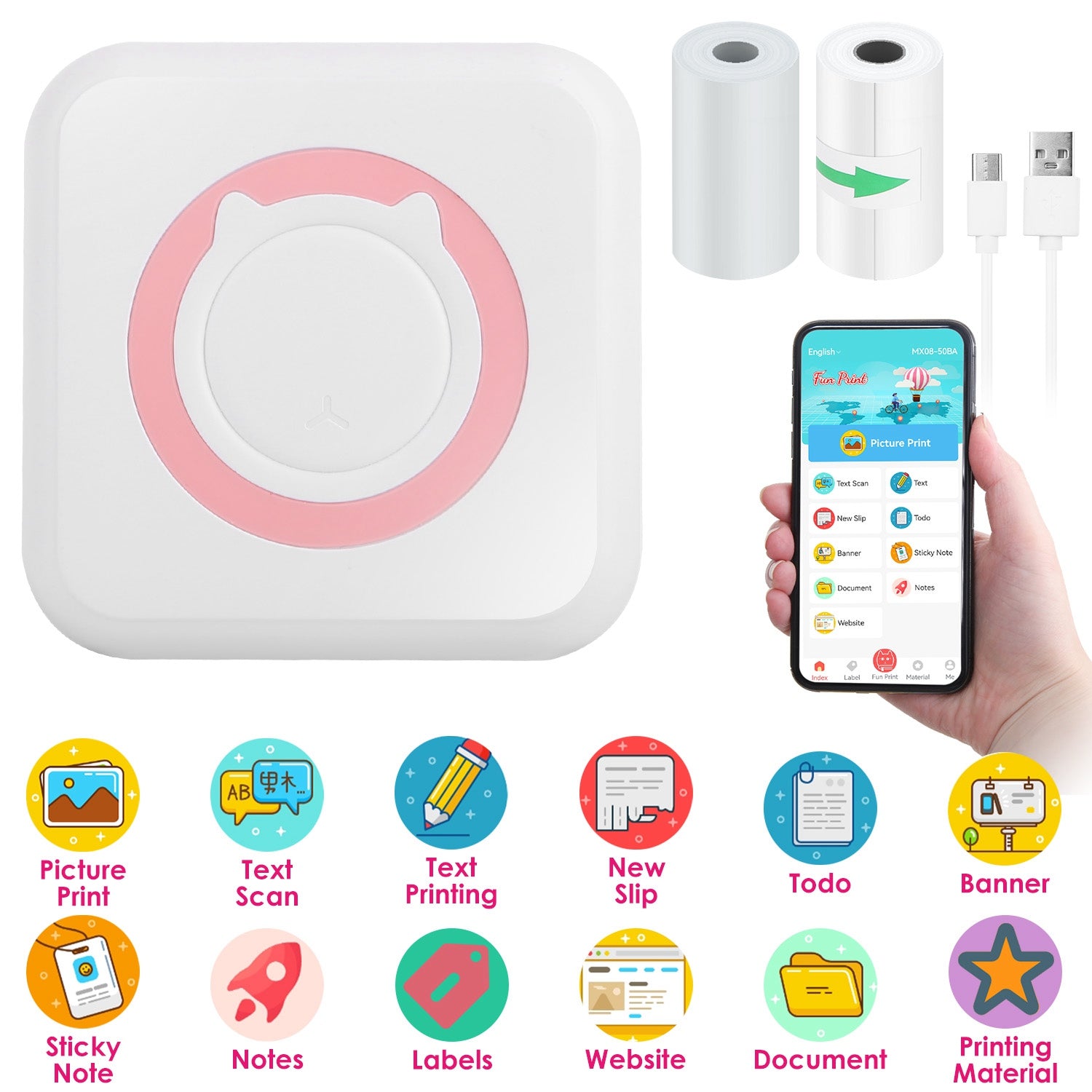 Mini Printer - Printer Paper 'Options' -- Pocket Wireless Thermal Printer Portable Mini Sticker Maker Machine Rechargeable Inkless Photo Printer For Printing Label Journal Study Notes Memo Photos