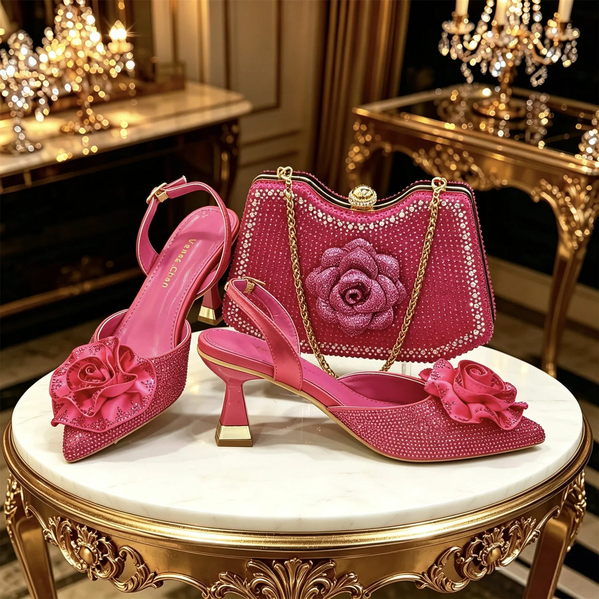 Rose Rhinestone Heels & Bag Set