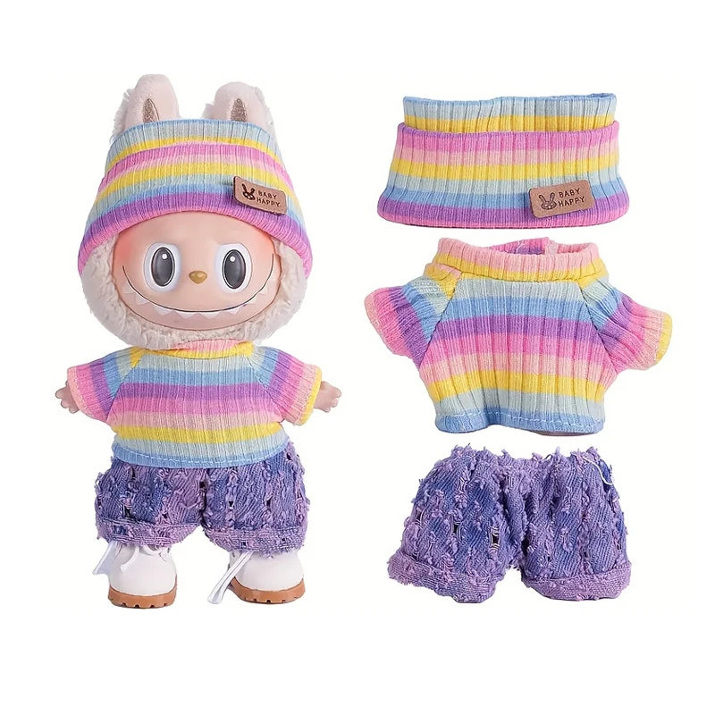 6.69inch Labubu Doll Clothes for buLabu with 3 Outfits - Stylish Fisherman Hat & Sweaters & Pants or skirt Set for 6.69inch Doll
