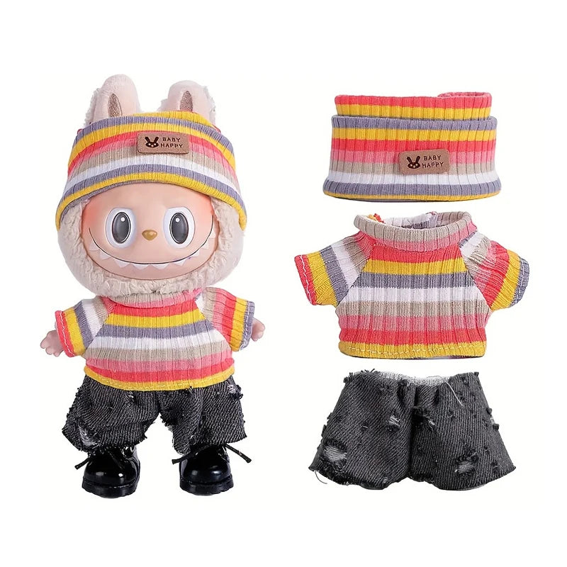 6.69inch Labubu Doll Clothes for buLabu with 3 Outfits - Stylish Fisherman Hat & Sweaters & Pants or skirt Set for 6.69inch Doll