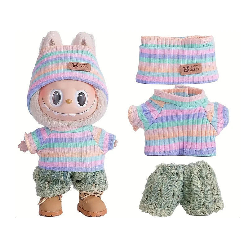 6.69inch Labubu Doll Clothes for buLabu with 3 Outfits - Stylish Fisherman Hat & Sweaters & Pants or skirt Set for 6.69inch Doll