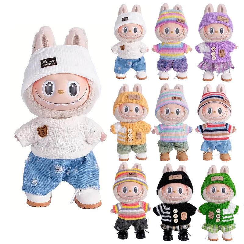6.69inch Labubu Doll Clothes for buLabu with 3 Outfits - Stylish Fisherman Hat & Sweaters & Pants or skirt Set for 6.69inch Doll