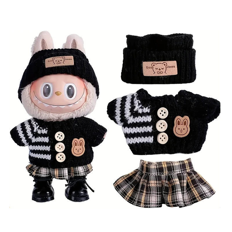 6.69inch Labubu Doll Clothes for buLabu with 3 Outfits - Stylish Fisherman Hat & Sweaters & Pants or skirt Set for 6.69inch Doll