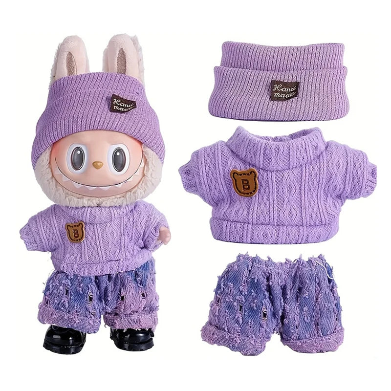 6.69inch Labubu Doll Clothes for buLabu with 3 Outfits - Stylish Fisherman Hat & Sweaters & Pants or skirt Set for 6.69inch Doll