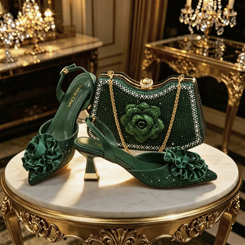 Rose Rhinestone Heels & Bag Set