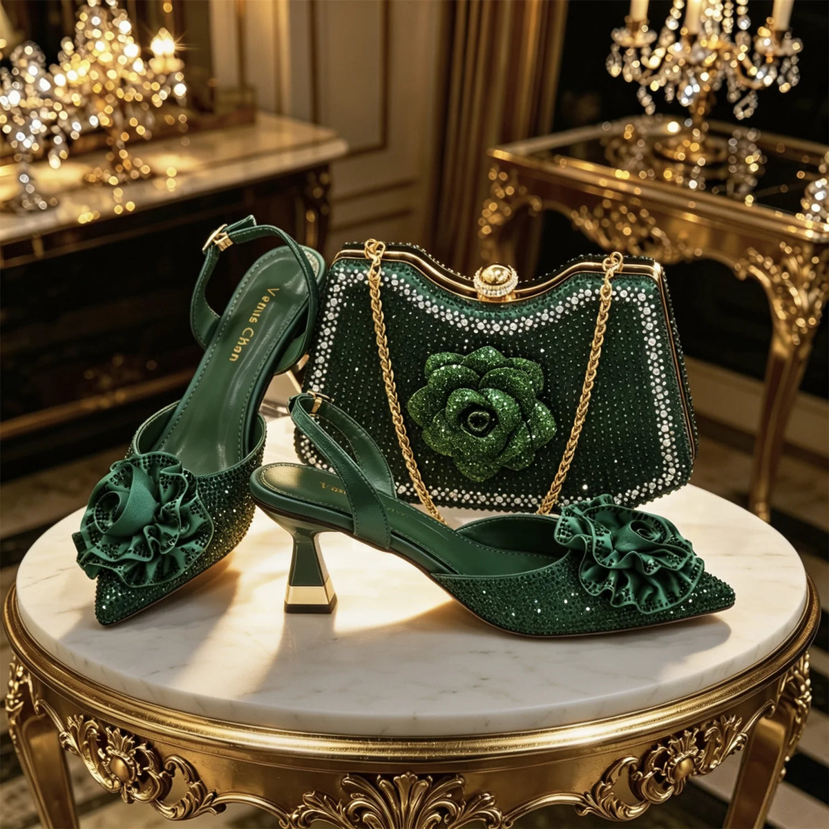 Rose Rhinestone Heels & Bag Set