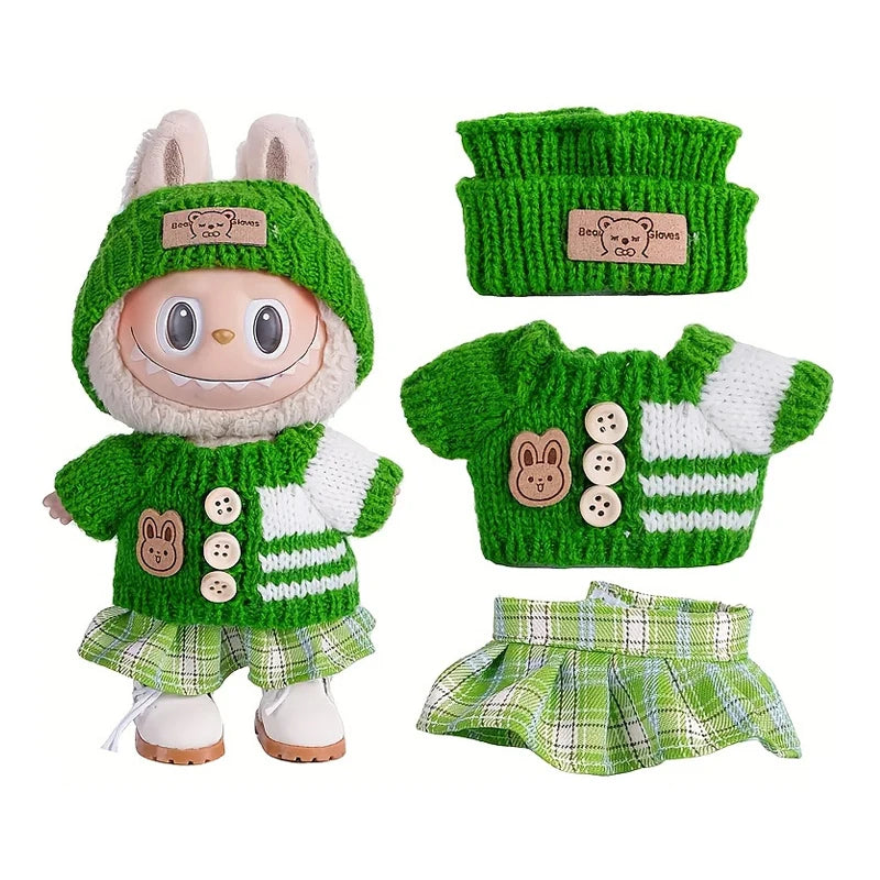 6.69inch Labubu Doll Clothes for buLabu with 3 Outfits - Stylish Fisherman Hat & Sweaters & Pants or skirt Set for 6.69inch Doll