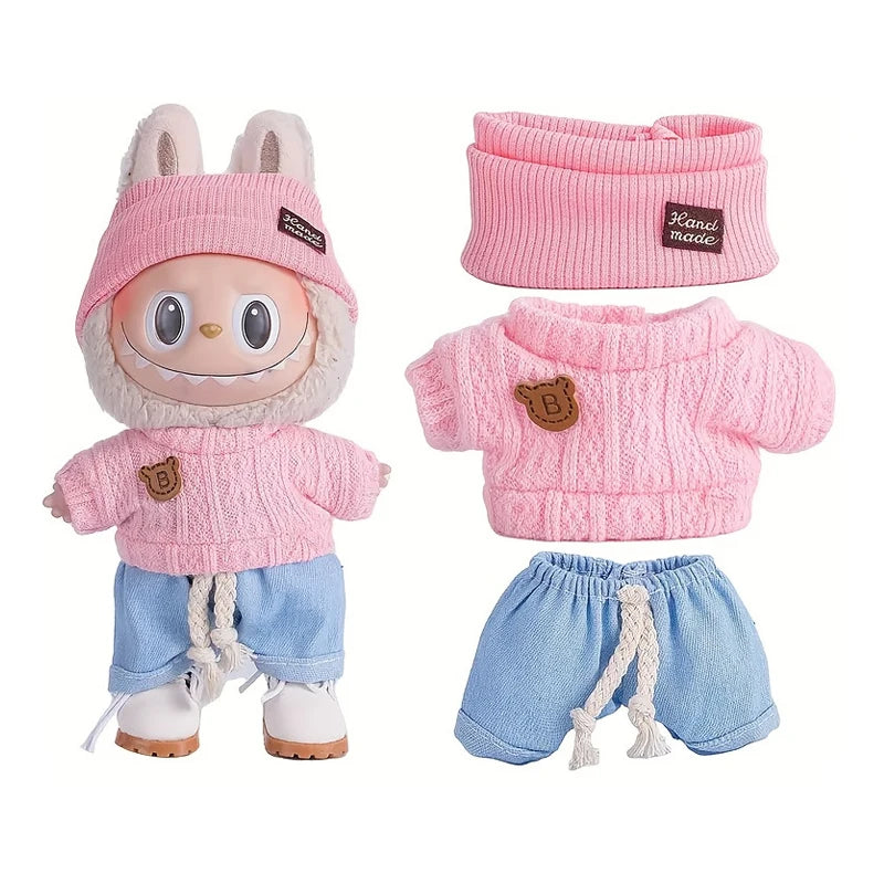6.69inch Labubu Doll Clothes for buLabu with 3 Outfits - Stylish Fisherman Hat & Sweaters & Pants or skirt Set for 6.69inch Doll