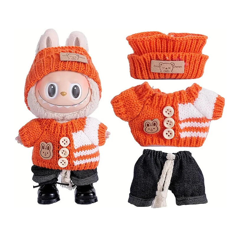 6.69inch Labubu Doll Clothes for buLabu with 3 Outfits - Stylish Fisherman Hat & Sweaters & Pants or skirt Set for 6.69inch Doll