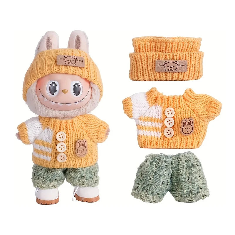 6.69inch Labubu Doll Clothes for buLabu with 3 Outfits - Stylish Fisherman Hat & Sweaters & Pants or skirt Set for 6.69inch Doll