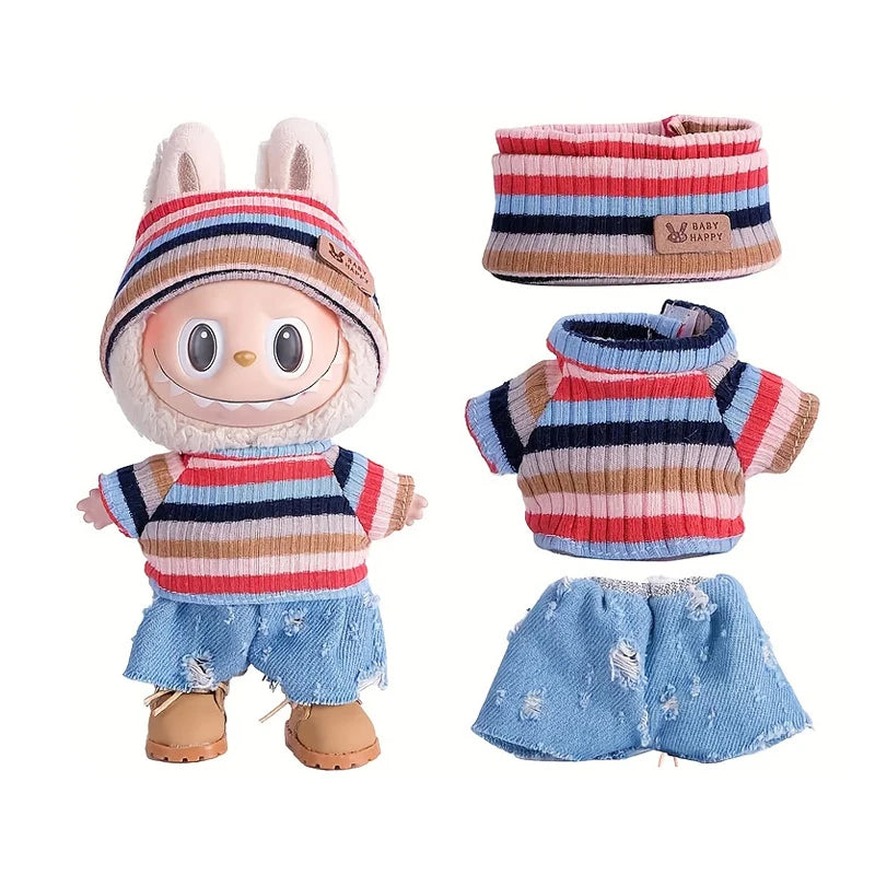 6.69inch Labubu Doll Clothes for buLabu with 3 Outfits - Stylish Fisherman Hat & Sweaters & Pants or skirt Set for 6.69inch Doll