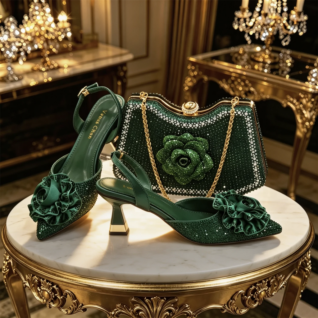 Rose Rhinestone Heels & Bag Set