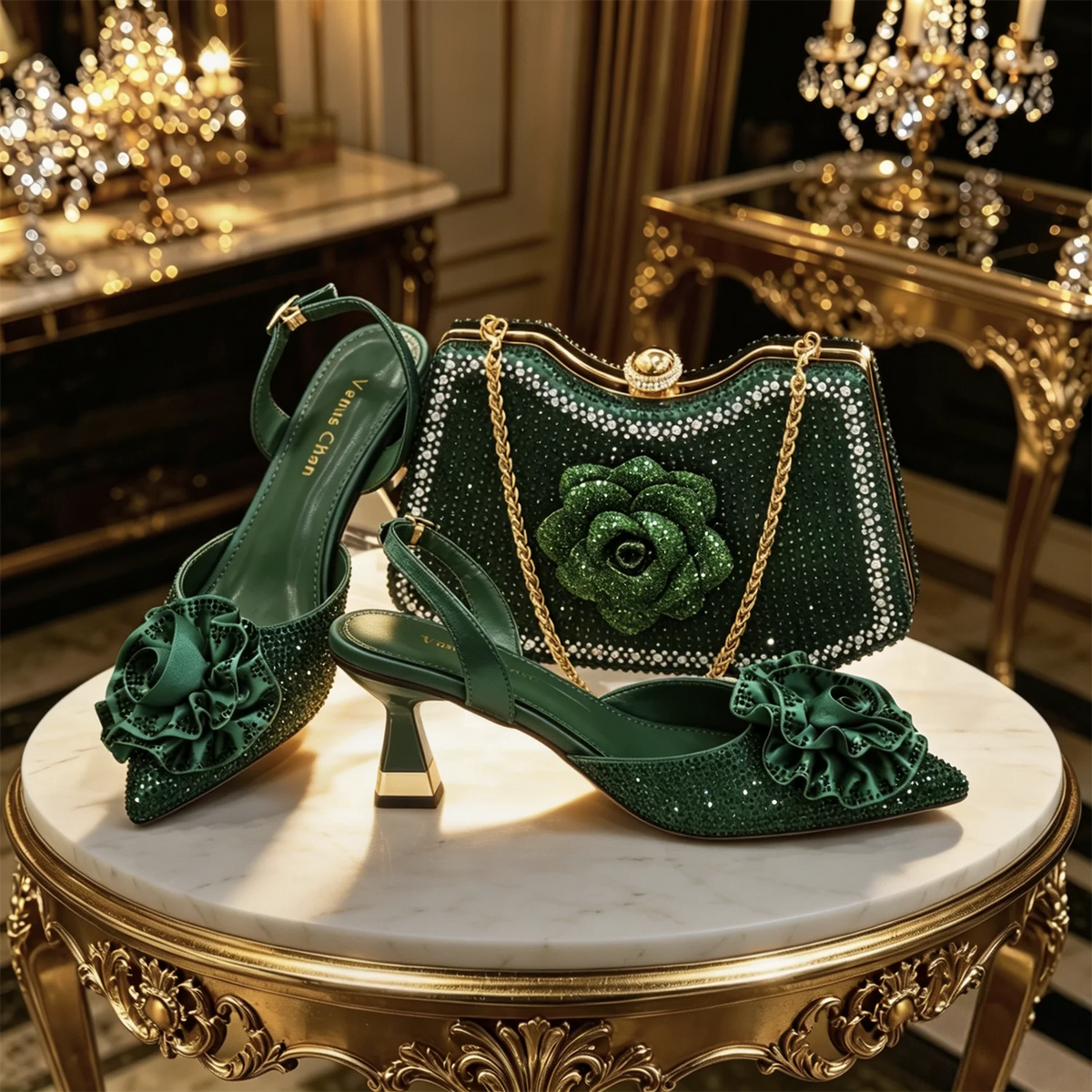 Rose Rhinestone Heels & Bag Set